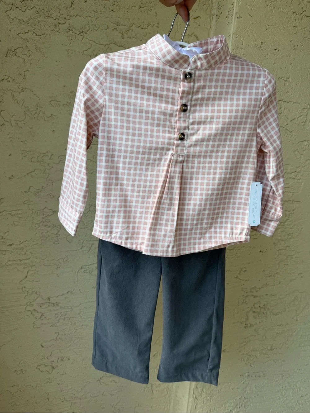 Edgehill Collection Boys Check Mandarin Collar Long Sleeve Shirt & Pants 2T